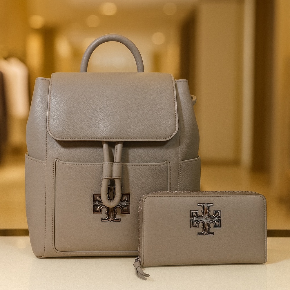 NEW Tory Burch Britten Gray Leather Backpack + Britten Continental Wallet